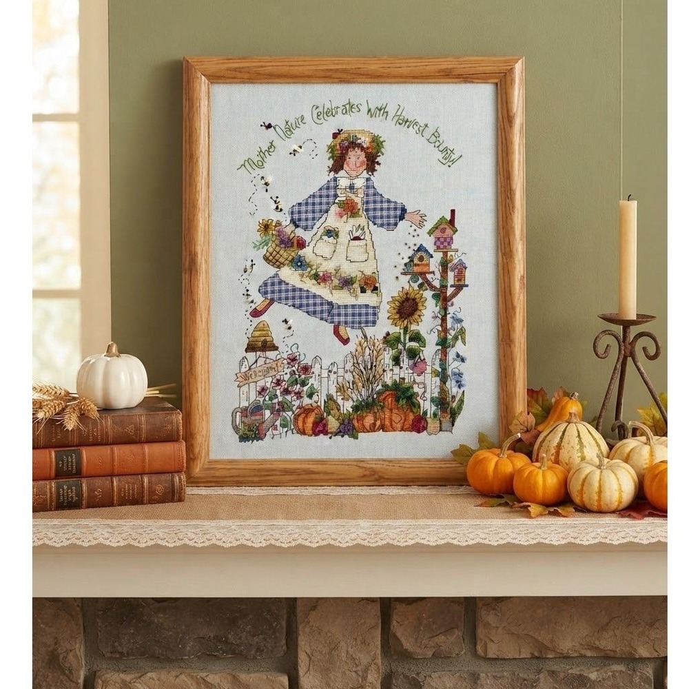 Mother Nature Harvest Bounty Framed Cross Stitch Art Autumn Farmhouse Decor